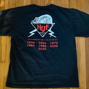 HUF 2-sided black t-shirt. Size medium, fits more small. (Back shown first).